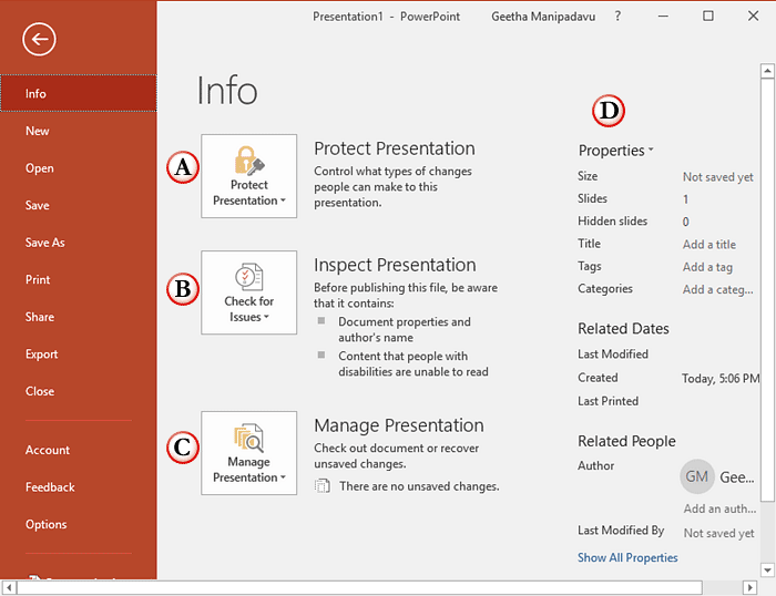 Info Tab Options of Backstage View of PowerPoint